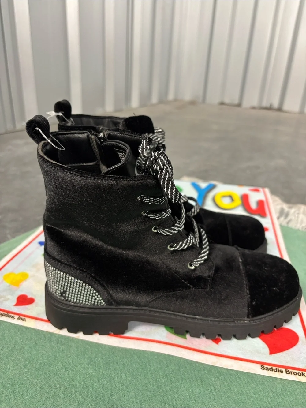 NWT Jessica Simpson Jes468 Black Velvet Combat Boots Stripe Laces Zip Side Bling